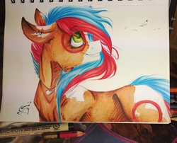 Size: 1024x828 | Tagged: safe, artist:scootiegp, oc, oc only, earth pony, pony, ear piercing, earring, feather, female, grin, heart, jewelry, looking up, mare, necklace, paper, piercing, round, signature, simple background, smiling, traditional art, white background