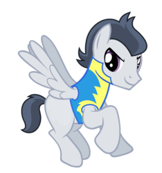 Size: 1488x1592 | Tagged: safe, artist:seiimon, artist:starryoak, rumble, pegasus, pony, miracleverse, g4, alternate universe, blank flank, blank flanks forever, clothes, flying, male, older, older rumble, simple background, solo, transparent background