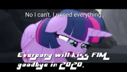 Size: 1280x720 | Tagged: safe, edit, edited screencap, screencap, twilight sparkle, alicorn, pony, g4, my little pony: the movie, 12/16/17, 2020, breaking the fourth wall, crying, crylight sparkle, end of ponies, female, in-universe pegasister, meme, no i can't i ruined everything, series finale, series finale blues, solo, twilight sparkle (alicorn)