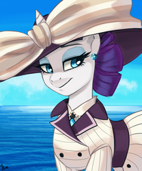 Size: 694x833 | Tagged: safe, artist:ehfa, rarity, pony, unicorn, g4, ppov, bow, clothes, cloud, ear piercing, earring, female, hat, jewelry, mare, piercing, raristocrat, rose dewitt bukater, sky, smiling, solo, titanic, water