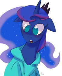 Size: 657x805 | Tagged: safe, artist:ehfa, princess luna, alicorn, pony, g4, clothes, female, floppy ears, hoodie, mare, no pupils, simple background, solo, surprised, white background