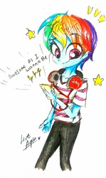 Size: 1609x2696 | Tagged: safe, artist:liaaqila, rainbow dash, equestria girls, g4, awesome as i want to be, clothes, female, haircut, pants, short hair, short hair rainbow dash, signature, simple background, smiling, solo, traditional art, white background