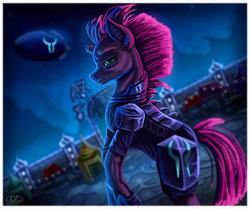 Size: 1024x856 | Tagged: safe, artist:crazydragonqueen, tempest shadow, pony, unicorn, g4, my little pony: the movie, airship, armor, broken horn, female, horn, looking at you, mare, rearing, solo, storm king's ship, zeppelin