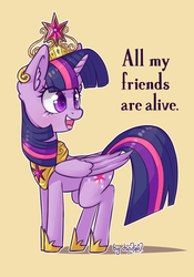 Size: 1024x1464 | Tagged: safe, artist:dsp2003, twilight sparkle, alicorn, pony, g4, all my friends are alive, all my friends are dead, big crown thingy, blushing, crown, female, good end, hilarious in hindsight, immortality blues no more, implied immortality, jewelry, mare, open mouth, regalia, simple background, solo, twilight sparkle (alicorn)