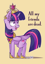 Size: 1024x1464 | Tagged: safe, alternate version, artist:dsp2003, twilight sparkle, alicorn, pony, g4, all my friends are dead, bad end, big crown thingy, crown, crying inside, female, immortality blues, insanity, irrational exuberance, jewelry, mare, open mouth, regalia, simple background, smiling, solo, twilight sparkle (alicorn), twilight will outlive her friends, yellow background