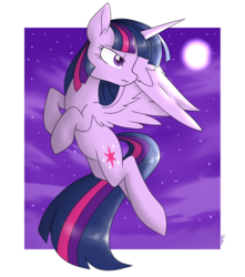 Size: 1327x1500 | Tagged: safe, artist:chautung, twilight sparkle, alicorn, pony, g4, female, looking back, mare, night, serious, serious face, solo, twilight sparkle (alicorn)