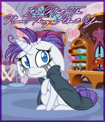Size: 660x768 | Tagged: safe, artist:esmeia, rarity, pony, unicorn, g4, it isn't the mane thing about you, cape, carousel boutique, clothes, crying, female, floppy ears, makeup, mare, raribald, running makeup, solo