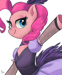 Size: 711x854 | Tagged: safe, artist:ehfa, pinkie pie, earth pony, pony, g4, burlesque, clothes, costume, dress, female, lidded eyes, mare, puffy sleeves, saloon dress, saloon pinkie, showgirl, simple background, smiling, solo, white background