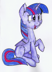 Size: 1250x1750 | Tagged: safe, artist:ravio-li, twilight sparkle, alicorn, pony, g4, female, raised hoof, simple background, sitting, smiling, solo, traditional art, twilight sparkle (alicorn), white background