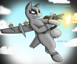 Size: 1008x832 | Tagged: safe, artist:pencil bolt, oc, oc only, oc:explosive angel, original species, plane pony, pony, ac-130, cannon, gau-12, gun, lockheed corporation, male, plane, shooting, sky, solo, war, weapon