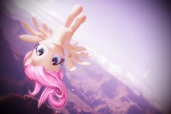Size: 3000x2000 | Tagged: safe, artist:equmoria, fluttershy, pegasus, pony, g4, 3d, canyon, cute, female, flying, high res, looking at you, mare, mmd, shyabetes, smiling, solo, upside down