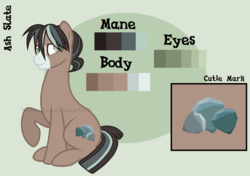 Size: 1353x950 | Tagged: safe, artist:ipandacakes, oc, oc only, oc:ash slate, earth pony, pony, male, offspring, parent:marble pie, parent:trouble shoes, parents:marbleshoes, reference sheet, sitting, solo, stallion