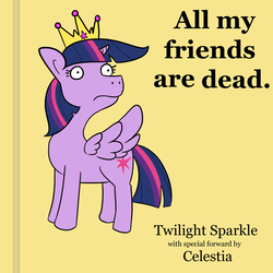 Size: 1650x1650 | Tagged: safe, artist:tjpones, twilight sparkle, alicorn, pony, g4, all my friends are dead, big crown thingy, book cover, cover, crown, female, immortality blues, jewelry, mare, misspelling, regalia, simple background, solo, text, twilight sparkle (alicorn), twilight will outlive her friends, yellow background