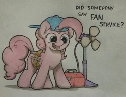 Size: 2448x1894 | Tagged: safe, artist:ljdamz1119, pinkie pie, earth pony, pony, g4, cute, diapinkes, fan, fanservice, female, hat, pinkie being pinkie, pun, simple background, solo, toolbelt, toolbox, traditional art, visual pun