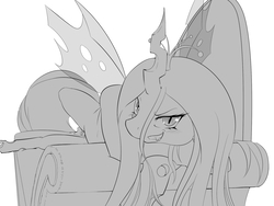 Size: 2000x1500 | Tagged: safe, artist:phoenixperegrine, queen chrysalis, changeling, g4, couch, female, looking at you, monochrome, simple background, smiling, smirk, solo, white background