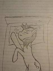 Size: 480x640 | Tagged: safe, artist:aeropegasus, pony, unicorn, bed, doodle, female, lined paper, mare, sleep talking, sleeping, solo, text, traditional art, z, zzz