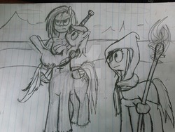 Size: 1024x768 | Tagged: safe, artist:aeropegasus, scootaloo, oc, oc:aero pegasus, centaur, pony, g4, angry, doodle, female, holding a pony, lined paper, mage, magic, male, robes, simple background, skyrim, staff, surprised, sword, the elder scrolls, traditional art, weapon