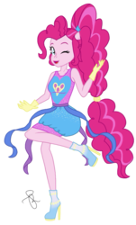 Size: 1238x2048 | Tagged: safe, artist:ilaria122, pinkie pie, equestria girls, equestria girls series, forgotten friendship, g4, alternate hairstyle, boots, clothes, dress, female, gloves, one eye closed, ponied up, ponytail, shoes, simple background, solo, super ponied up, transparent background