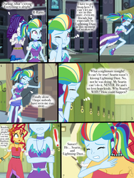 Size: 768x1024 | Tagged: safe, artist:ilaria122, rainbow dash, rarity, sunset shimmer, comic:a mysterious rival, equestria girls, g4, alternate hairstyle, crying, geode of empathy, geode of shielding, geode of super speed, implied lightning dust, implied shipping, implied soarin', implied soarindash, implied straight, magical geodes