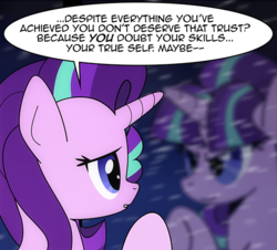 Size: 530x480 | Tagged: safe, artist:dsana, starlight glimmer, pony, comic:the shadow shard, g4, blizzard, comic, cropped, duality, female, reflection, snow, snowfall, solo, speech bubble, window