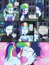 Size: 768x1024 | Tagged: safe, artist:ilaria122, rainbow dash, soarin', comic:a mysterious rival, equestria girls, g4, alternate hairstyle, blushing, equestria girls-ified, female, geode of super speed, kissing, magical geodes, male, ship:soarindash, shipping, straight