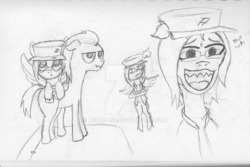 Size: 1024x683 | Tagged: safe, artist:aeropegasus, oc, oc only, oc:aero pegasus, pegasus, pony, cap, clothes, curious, female, flying, glasses, hat, irritated, male, simple background, sketch, sketch dump, text, traditional art, vest, watermark, white background