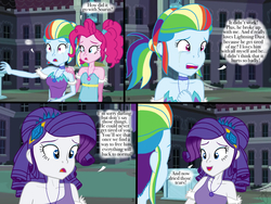 Size: 1024x768 | Tagged: safe, artist:ilaria122, pinkie pie, rainbow dash, rarity, comic:a mysterious rival, equestria girls, g4, alternate hairstyle, crying, geode of shielding, geode of sugar bombs, geode of super speed, grammar error, implied shipping, implied soarin', implied soarindash, implied straight, magical geodes