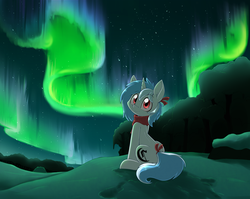 Size: 2797x2225 | Tagged: safe, artist:otakuap, oc, oc only, pony, unicorn, aurora borealis, clothes, ear fluff, high res, night, red eyes, scarf, scenery, sitting, smiling, snow, solo, stars