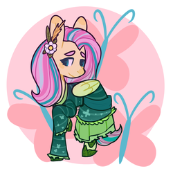 Size: 1024x1011 | Tagged: safe, artist:bluenidy, fluttershy, pegasus, pony, clothes, cutie mark background, dress, eyebrows, female, folded wings, hair ornament, head turn, looking away, looking sideways, raised hoof, smiling, solo, standing, wings
