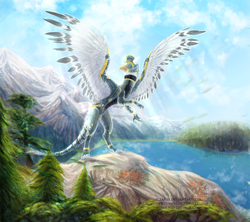 Size: 2200x1952 | Tagged: dead source, safe, artist:elzafox, oc, oc only, griffon, armor, forest, lake, mountain, solo, spread wings, wings