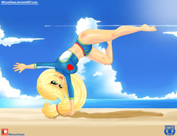 Size: 3000x2300 | Tagged: safe, artist:minusclass, applejack, equestria girls, equestria girls series, forgotten friendship, g4, barefoot, beach, clothes, cloud, feet, female, high res, patreon, patreon logo, sky, smiling, solo, swimsuit