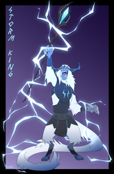 Size: 1024x1558 | Tagged: safe, artist:adaxel, storm king, yeti, g4, my little pony: the movie, antagonist, armor, claws, crown, evil grin, fangs, glowing, grin, horns, jewelry, lightning, mad with power, male, open mouth, raised arm, regalia, smiling, solo, staff, staff of sacanas, storm king's emblem, text
