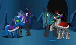 Size: 2504x1504 | Tagged: safe, artist:themexicanpunisher, king sombra, queen chrysalis, trixie, twilight sparkle, changeling, changeling queen, g4, alternate universe, changelingified, dark magic, empress lulamoon, empress trixie, female, glowing horn, horn, lesbian, magic, male, queen twilight, raised hoof, ship:chrysombra, ship:twixie, shipping, sombra eyes, species swap, straight