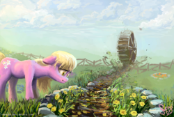 Size: 1000x670 | Tagged: safe, artist:nemo2d, lily, lily valley, earth pony, pony, tabun art-battle, g4, crying, female, fence, floppy ears, flower, frown, grass, mare, sad, solo, water wheel, wheel