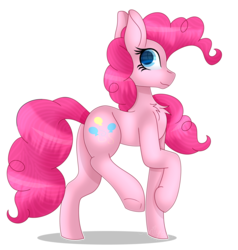 Size: 2447x2569 | Tagged: safe, artist:tomboygirl45, pinkie pie, earth pony, pony, g4, chest fluff, colored pupils, female, high res, looking back, raised hoof, raised leg, signature, simple background, smiling, solo, transparent background, underhoof, walking