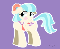 Size: 2289x1845 | Tagged: safe, artist:taurson, coco pommel, earth pony, pony, g4, blush sticker, blushing, cocobetes, cute, female, floppy ears, mare, purple background, signature, simple background, smiling, solo