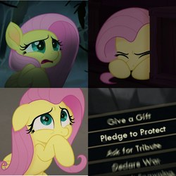 Size: 1763x1763 | Tagged: safe, edit, edited screencap, screencap, fluttershy, pegasus, pony, g4, my little pony: the movie, civilization, civilization v, cowering, female, mare, meme, motion blur, pledge to protect, scared, solo, text