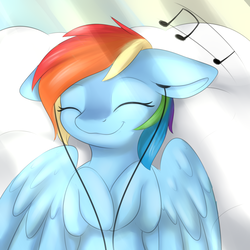Size: 2000x2000 | Tagged: safe, artist:dbleki, rainbow dash, pegasus, pony, g4, cloud, cute, dashabetes, earbuds, eyes closed, feathered wings, female, floppy ears, happy, high res, listening, mare, music, music notes, on back, smiling, solo, sunshine, wings