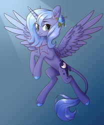 Size: 1800x2160 | Tagged: safe, artist:worldlofldreams, princess luna, alicorn, pony, g4, blue background, cute, female, flower, flower in hair, flying, gradient background, horn, jewelry, leonine tail, looking at you, mare, necklace, rearing, s1 luna, smiling, solo, sparkles, spotlight, spread wings, wings