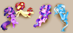 Size: 8233x3731 | Tagged: safe, artist:pinkablue, moondancer, starlight glimmer, trixie, twilight sparkle, pony, unicorn, g4, alternate hairstyle, counterparts, looking at you, looking up, missing cutie mark, on back, one eye closed, simple background, sleeping, twilight's counterparts, unicorn twilight, yawn