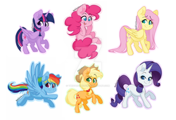 Size: 1024x699 | Tagged: safe, artist:twisted-sketch, applejack, fluttershy, pinkie pie, rainbow dash, rarity, twilight sparkle, alicorn, pegasus, pony, unicorn, g4, applejack's hat, cowboy hat, female, hat, horn, looking at you, mane six, mare, obtrusive watermark, smiling, sticker, twilight sparkle (alicorn), watermark, wings