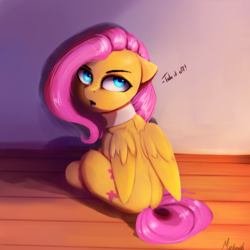 Size: 2000x2000 | Tagged: dead source, safe, artist:miokomata, fluttershy, pegasus, pony, g4, choker, chokershy, dialogue, female, freckles, high res, looking at you, looking back, looking back at you, looking up, mare, sitting, solo, turned head