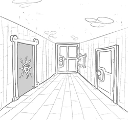 Size: 640x600 | Tagged: safe, artist:ficficponyfic, oc, oc only, oc:face on the wall, pony, cyoa:the wizard of logic tower, bald, bolt, cyoa, door, door handle, doorknob, doorway, hall, mirror, monochrome, story included, wooden floor, wooden walls