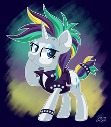 Size: 1680x1924 | Tagged: safe, artist:iheartjapan789, rarity, pony, unicorn, g4, it isn't the mane thing about you, alternate hairstyle, clothes, female, mare, movie accurate, punk, raised hoof, raripunk, smiling, solo