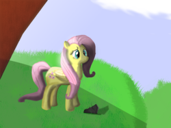Size: 800x598 | Tagged: safe, artist:dragonicbladex, fluttershy, pegasus, pony, g4, cloud, female, field, grass, grass field, ledge, mare, outdoors, shadow, shiny, smiling, solo, standing, tree