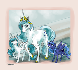 Size: 1024x922 | Tagged: safe, artist:gloriaus, majesty, princess celestia, princess luna, alicorn, pony, unicorn, g1, g4, crown, female, g1 to g4, generation leap, hoof shoes, jewelry, mother, mother and daughter, origins, parent, regalia, s1 luna, smiling, trio, watermark, younger