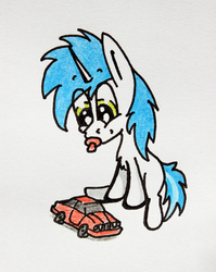 Size: 3456x4344 | Tagged: safe, artist:bumskuchen, oc, oc only, oc:shifting gear, pony, unicorn, bmw, colt, cute, foal, male, pacifier, solo, toy car, traditional art, vehicle, younger