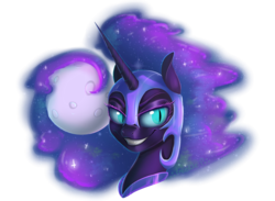Size: 1024x751 | Tagged: dead source, safe, artist:freckleplant, nightmare moon, alicorn, pony, g4, bust, evil smile, female, grin, moon, portrait, simple background, smiling, solo, transparent background