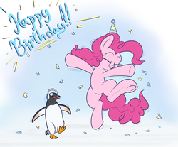 Size: 1150x950 | Tagged: safe, artist:heir-of-rick, pinkie pie, bird, earth pony, penguin, pony, g4, bipedal, confetti, dancing, eyes closed, female, gentoo penguin, headphones, mare, smiling