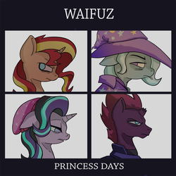 Size: 1000x1000 | Tagged: safe, artist:slamjam, starlight glimmer, sunset shimmer, tempest shadow, trixie, pony, unicorn, g4, my little pony: the movie, album cover, beanie, broken horn, bust, cape, cigarette, clothes, counterparts, demon days, gorillaz, hat, horn, parody, ponified, ponified album cover, smoking, trixie's cape, trixie's hat, twilight's counterparts